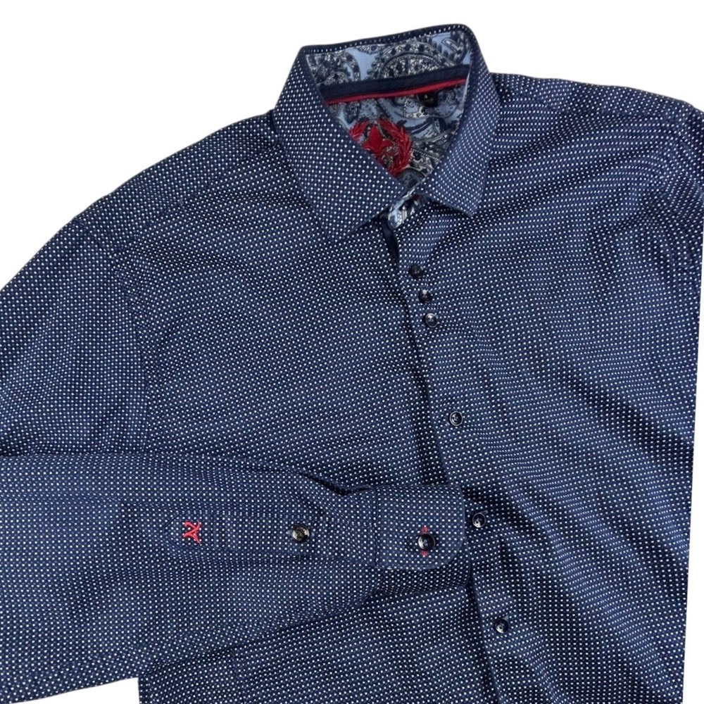 Au Noir Mens Size 4 Large Blue Geometric Dress Shirt Paisley Trim Cotton